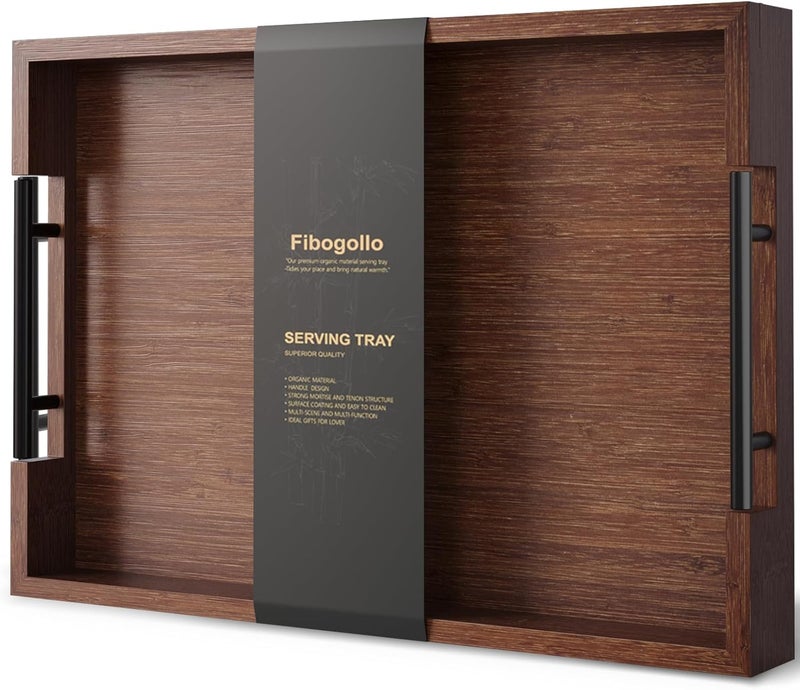 Fibogollo Bamboo Serving Tray with Metal Handles,17x12in Ottoman Decorative Trays Platter for Coffee Table,Living Room,Bar,Party,Large(Brown) - Image 1
